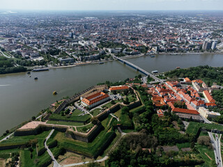 Drone areal shot of Petrovaradin fortress located on the Danube River bank across from Novi Sad. Serbia