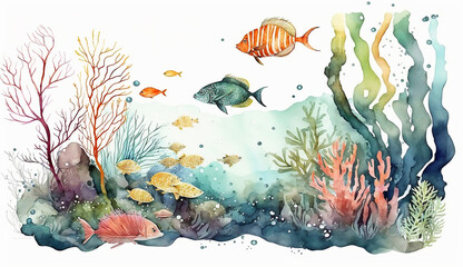 Fototapeta na wymiar Colorful underwater scenery hand drawn watercolor on white background. Generative AI
