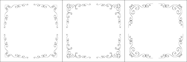 Set of three vector frames. Elegant black and white monochrome ornamental border for greeting cards, banners, invitations. Vector frame for all sizes and formats. Isolated vector illustration.	