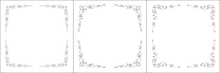 Set of three vector frames. Elegant black and white monochrome ornamental border for greeting cards, banners, invitations. Vector frame for all sizes and formats. Isolated vector illustration.	