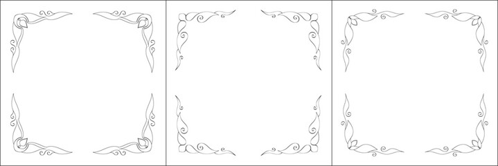 Set of three vector frames. Elegant black and white monochrome ornamental border for greeting cards, banners, invitations. Vector frame for all sizes and formats. Isolated vector illustration.	