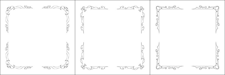 Set of three vector frames. Elegant black and white monochrome ornamental border for greeting cards, banners, invitations. Vector frame for all sizes and formats. Isolated vector illustration.	