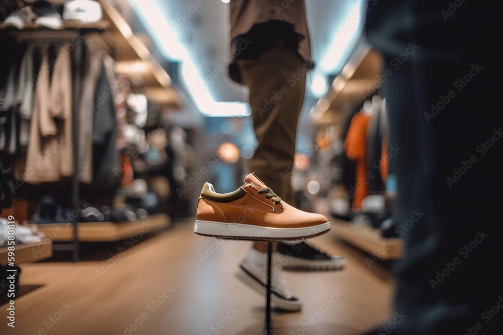 Poster a person standing in a store with a shoe on a stand. ai generative image.