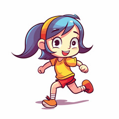 Cute little girl run and happy cartoon flat character vector illustration