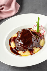 Veal cheek served in a fine dining restaurant