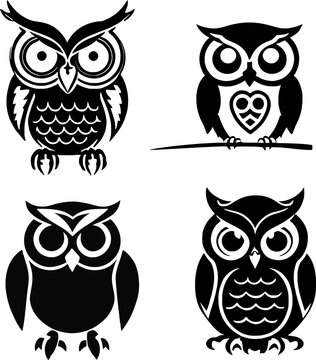 Set of cute owls logo stencil vector illustration