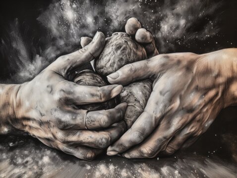 A painting of two hands holding a heart. AI generative image.