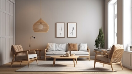 modern minimalist living room style. interior in light colours. generative AI