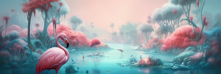 Obraz na płótnie Canvas Flamingo whimsical design. Tropical background. Funny flamingo illustration.