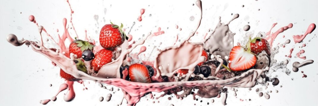 A splash of milk with strawberries and blueberries. AI generative image.