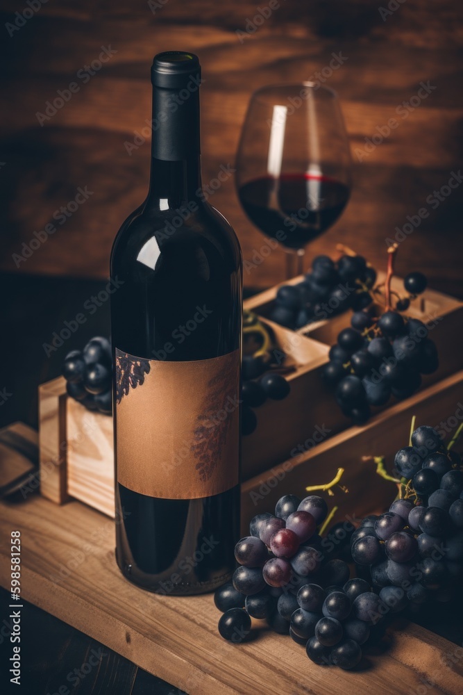 Poster a bottle of wine next to a bunch of grapes. ai generative image.
