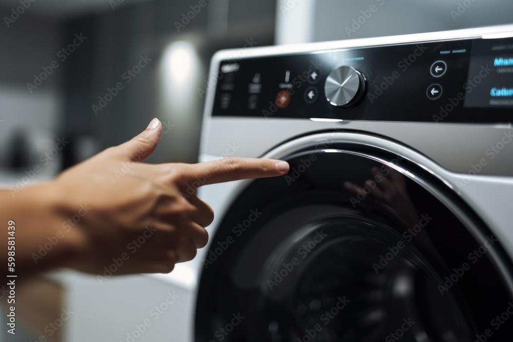 Poster a person touching a button on a washing machine. ai generative image.