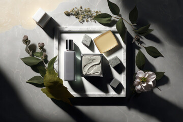 Flat lay of beauty and skincare products in neutral tones and quality materials