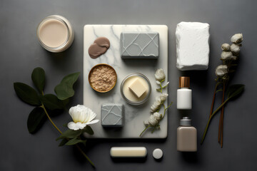 Obraz na płótnie Canvas Flat lay of beauty and skincare products in neutral tones and quality materials