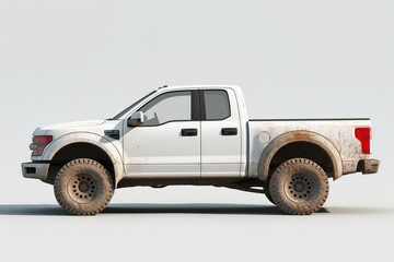White pickup truck on white. Red SUV. Off road crossover. Side view isolated. Generative AI - obrazy, fototapety, plakaty