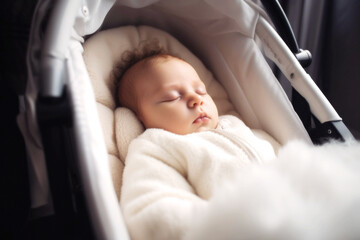 A tiny, adorable baby rests peacefully on a soft pillow in a stroller on a sunny day, their serene sleep reflecting innocence and unmatched beauty. Generative AI