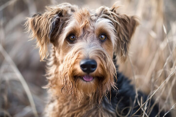 Portrait of an airedale terrier in high dry grass, created with Generative AI