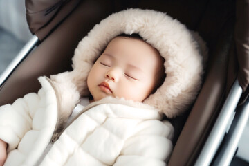 A tiny, adorable baby rests peacefully on a soft pillow in a stroller on a sunny day, their serene sleep reflecting innocence and unmatched beauty. Generative AI