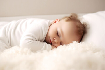 Obraz na płótnie Canvas A tiny, adorable baby rests peacefully on a soft pillow in a bright room, their serene sleep reflecting innocence and unmatched beauty. Generative AI