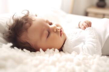 Obraz na płótnie Canvas A tiny, adorable baby rests peacefully on a soft pillow in a bright room, their serene sleep reflecting innocence and unmatched beauty. Generative AI
