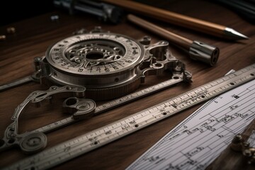 Technical drawing of engineering tools: ruler and caliper. Generative AI