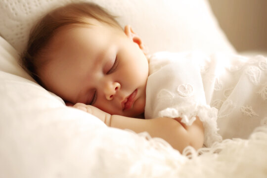 A tiny, adorable baby rests peacefully on a soft pillow in a bright room, their serene sleep reflecting innocence and unmatched beauty. Generative AI