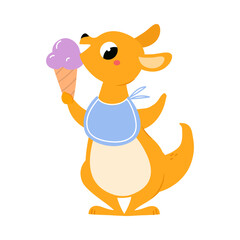 Cute Baby Kangaroo or Joey Character as Marsupial Mammal with Bib Eating Ice Cream Vector Illustration