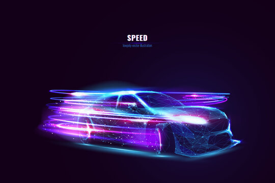 Futuristic drift car in motion with neon fast lines and abstract smoke. High speed concept in technological blue purple colors. Sport car is made of polygons, lines and connected dots. Digital auto.
