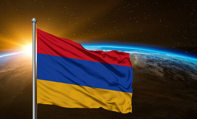 Armenia national flag cloth fabric waving on beautiful sky global Background.