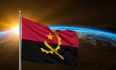 Angola national flag cloth fabric waving on beautiful sky global Background.