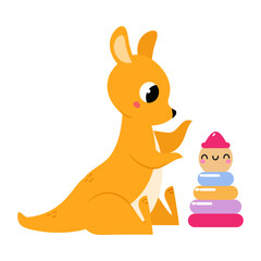 Cute Baby Kangaroo or Joey Character as Marsupial Mammal Playing Toy Pyramid Vector Illustration