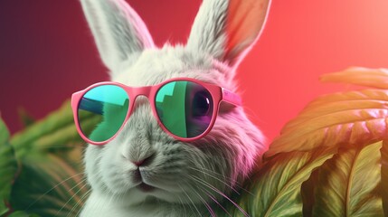 Fashion bunny wearing sunglasses on tropical background. Elegant style background. Rabbit costume. Trendy style. Happy easter.
