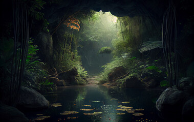 Obraz premium A Mysterious Cave Nestled Within the Forest Embrace, Stillness of the Woods, the Trees and Plants Offering a Passage to the Realm and the Enigmas of the Jungle