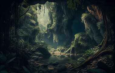A Mysterious Cave Nestled Within the Forest Embrace, Stillness of the Woods, the Trees and Plants Offering a Passage to the Realm and the Enigmas of  the Jungle