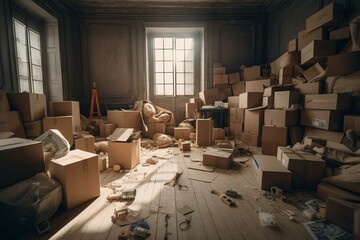 A room filled with cardboard and boxes. Generative AI