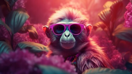 Beautiful portrait monkey design. Happy beautiful background. Fashion poster. Isolated . Smile face. Color background. Fashion style.