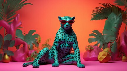 Fashion leopard wearing sunglasses in hipster style on tropical background. Beautiful leopard. Summer seamless. Leopard animal skin background.