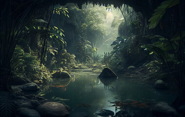 A Mysterious Cave Nestled Within the Forest Embrace, Stillness of the Woods, the Trees and Plants Offering a Passage to the Realm and the Enigmas of  the Jungle