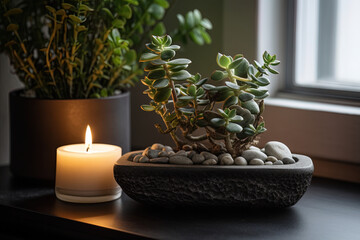 A small plant, surrounded by small stones and a candle to create a cozy atmosphere