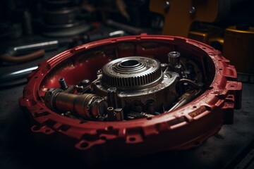 Disassembled car torque converter with red transmission oil. Generative AI - obrazy, fototapety, plakaty