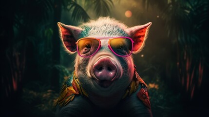 Fashion pig wearing sunglasses in stylish style. Fashion sketch. Realistic style. Stylish fashion frame. Holiday concept.