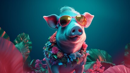 Fashion pig wearing sunglasses in stylish style. Fashion sketch. Realistic style. Stylish fashion frame. Holiday concept.