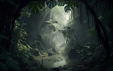 A Mysterious Cave Nestled Within the Forest Embrace, Stillness of the Woods, the Trees and Plants Offering a Passage to the Realm and the Enigmas of  the Jungle