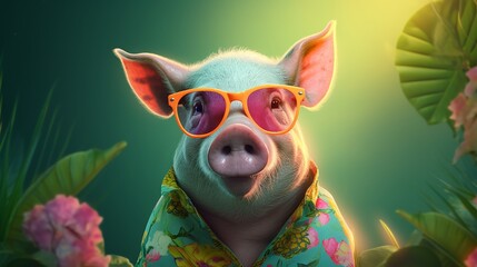Fashion pig wearing sunglasses in stylish style. Fashion sketch. Realistic style. Stylish fashion frame. Holiday concept.