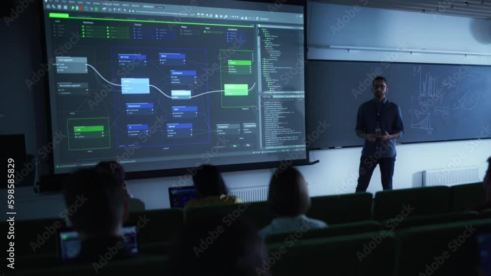 Poster Young University Professor Explaining a Web Development Project to a Group of Diverse Multiethnic Students in a Dark Auditorium. Teacher Showing a Back-End Roadmap on Two Big Screens