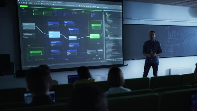 Young University Professor Explaining a Web Development Project to a Group of Diverse Multiethnic Students in a Dark Auditorium. Teacher Showing a Back-End Roadmap on Two Big Screens
