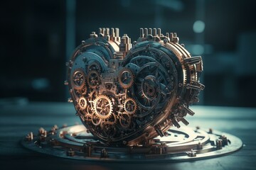 A futuristic heart with mechanical gears for industrial transplantation. Generative AI