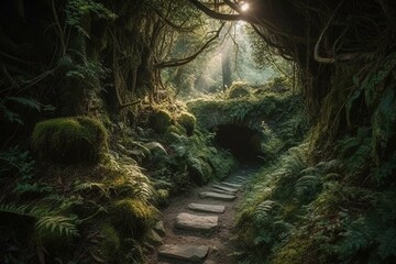 Hidden passage to enchanted woods. Generative AI
