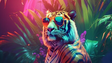 Fashion tiger wearing sunglasses in hipster style on tropical background. Beautiful tiger. Summer seamless. Tiger animal skin background.