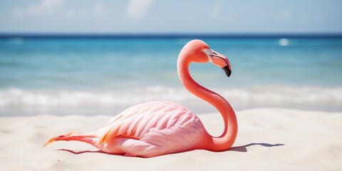Flamingo float beach sand. Travel fashion. Summer vacation. Natural background. Banner design.